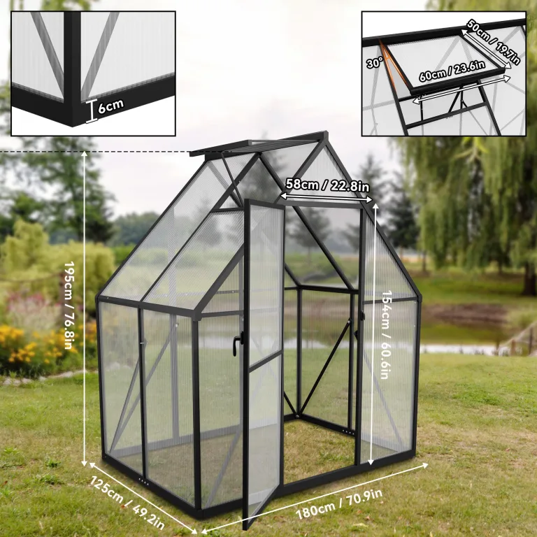 UISEBRT Gewächshaus Treibhaus für Garten Tomatenhaus mit Fundament Frühbeet Pflanzenhaus mit Fenster & Wetterfestem Hohlkammerplatten Gartengewächshäuser 125x180x195cm UV- & Frostgeschützt – Bild 2