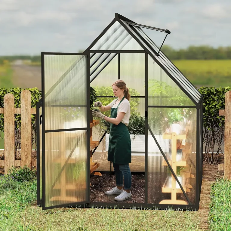 Froadp Gewächshaus aus Aluminium mit Fundament 230x180x195cm Gartengewächshäuser 4mm PC-Hohlkammerplatten Wetterfest Treibhaus, Tomatenhaus mit Fenstern Treibhaus für Garten & Aufzucht – Bild 8