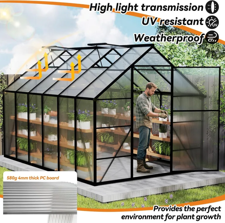 UISEBRT Gewächshaus Treibhaus für Garten Tomatenhaus mit Fundament Frühbeet Pflanzenhaus mit Fenster & Wetterfestem Hohlkammerplatten Gartengewächshäuser 310x250x205cm UV- & Frostgeschützt – Bild 6