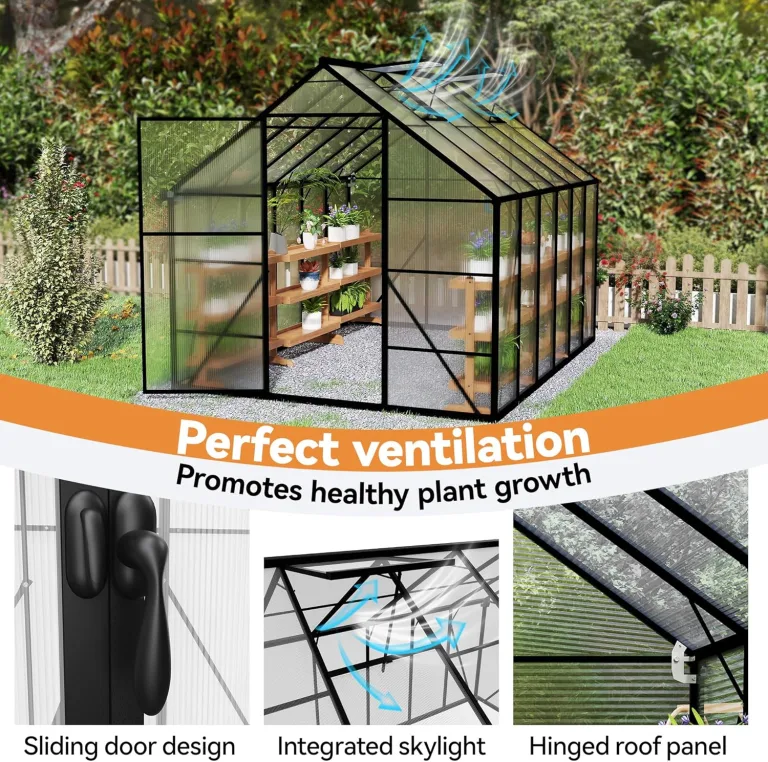 UISEBRT Gewächshaus Treibhaus für Garten Tomatenhaus mit Fundament Frühbeet Pflanzenhaus mit Fenster & Wetterfestem Hohlkammerplatten Gartengewächshäuser 310x250x205cm UV- & Frostgeschützt – Bild 7
