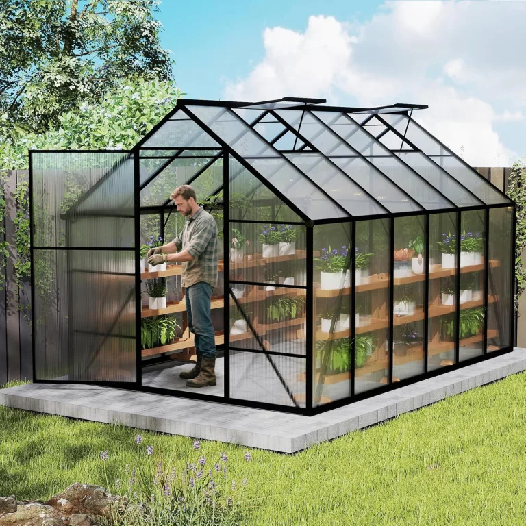 UISEBRT Gewächshaus Treibhaus für Garten Tomatenhaus mit Fundament Frühbeet Pflanzenhaus mit Fenster & Wetterfestem Hohlkammerplatten Gartengewächshäuser 310x250x205cm UV- & Frostgeschützt – Bild 8