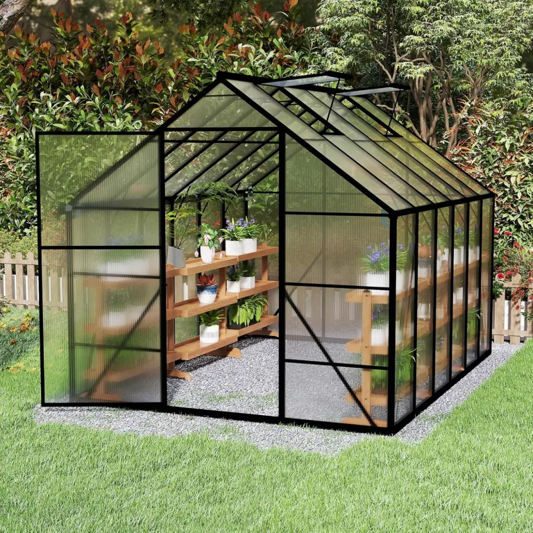 UISEBRT Gewächshaus Treibhaus für Garten Tomatenhaus mit Fundament Frühbeet Pflanzenhaus mit Fenster & Wetterfestem Hohlkammerplatten Gartengewächshäuser 310x250x205cm UV- & Frostgeschützt – Bild 9