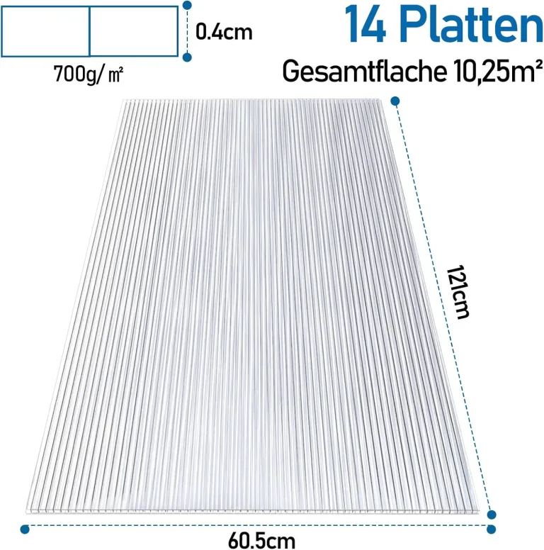 14x Polycarbonat Hohlkammerstegplatten 4mm, 60,5x121 cm Doppelstegplatte Gewächshausplatten für Gewächshaus Gartenbau Ersatzplatten – Bild 2