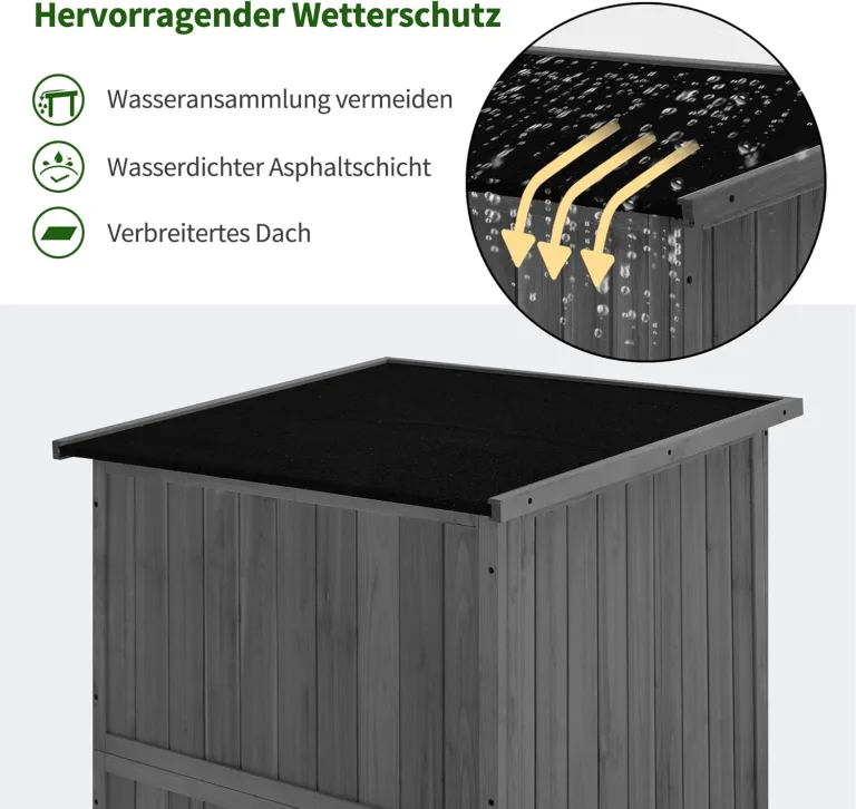 M MCombo Gartenschrank Holz, Gartenhaus Klein Wetterfest, Outdoor Gerätehaus Geräteschuppen, für Außenbereich Balkon Terrasse, 55×90×169cm, 0878EY-F (Grau) – Bild 4