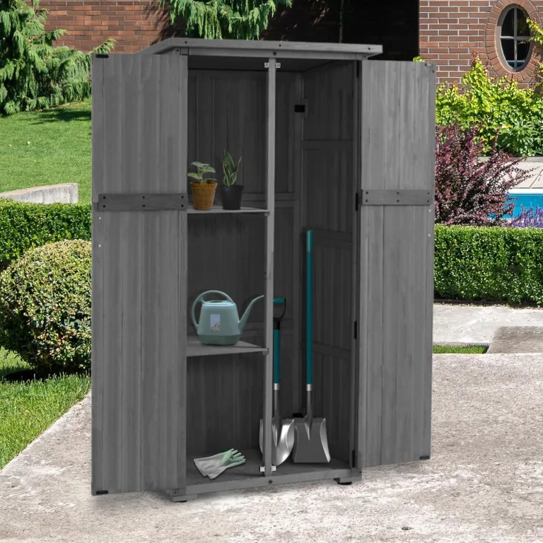 M MCombo Gartenschrank Holz, Gartenhaus Klein Wetterfest, Outdoor Gerätehaus Geräteschuppen, für Außenbereich Balkon Terrasse, 55×90×169cm, 0878EY-F (Grau) – Bild 2