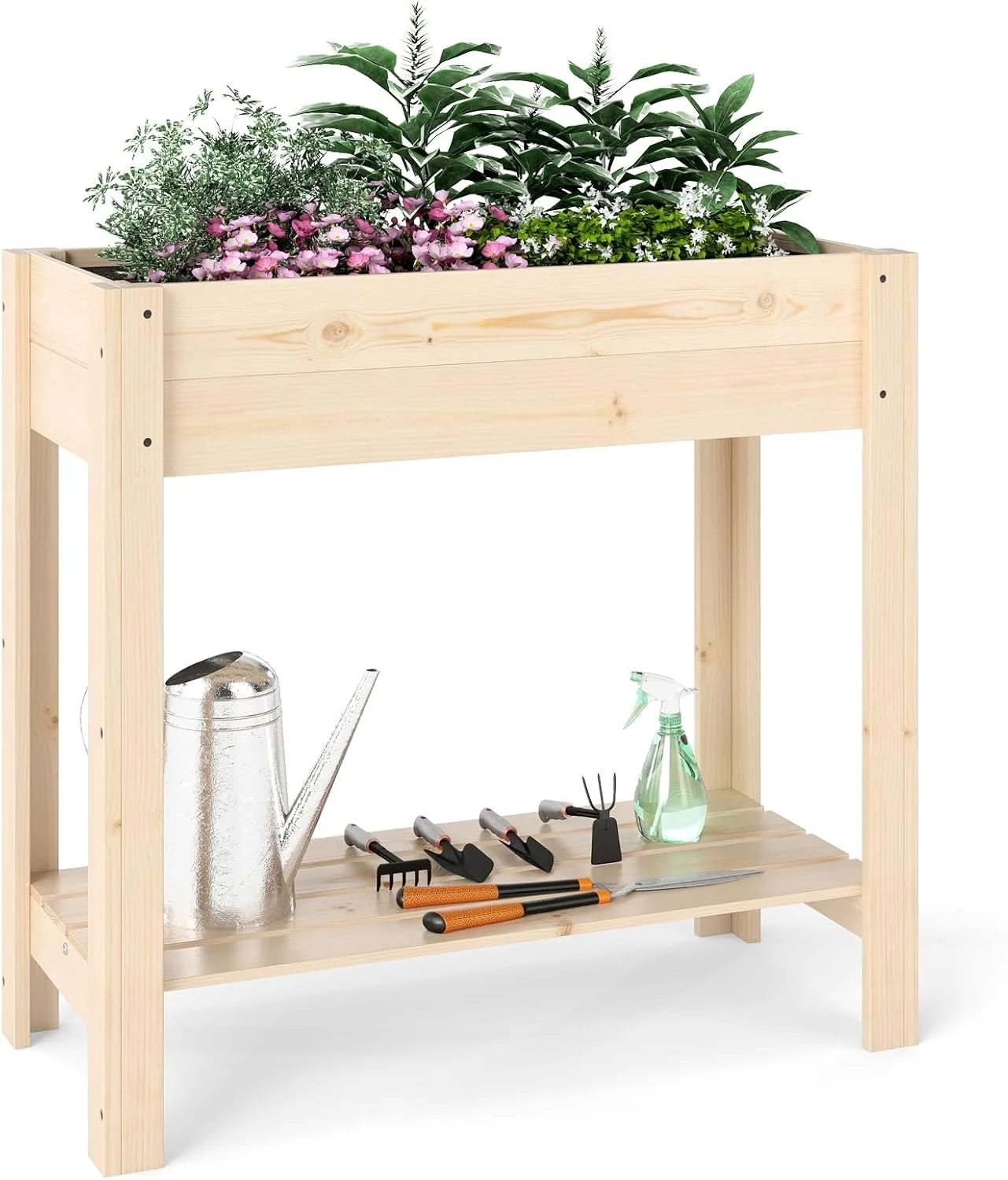 COSTWAY Hochbeet mit Ablage, Erhöhtes Gartenbeet aus Holz, Pflanzkasten mit Entwässerung, Gemüsebeet Kräuterbeet groß, für Balkon Garten Terrasse, 81 x 37 x 77 cm, Natur - Bild 1