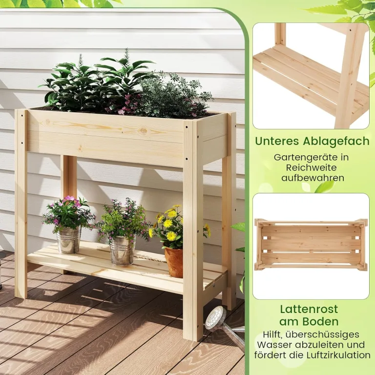 COSTWAY Hochbeet mit Ablage, Erhöhtes Gartenbeet aus Holz, Pflanzkasten mit Entwässerung, Gemüsebeet Kräuterbeet groß, für Balkon Garten Terrasse, 81 x 37 x 77 cm, Natur – Bild 6