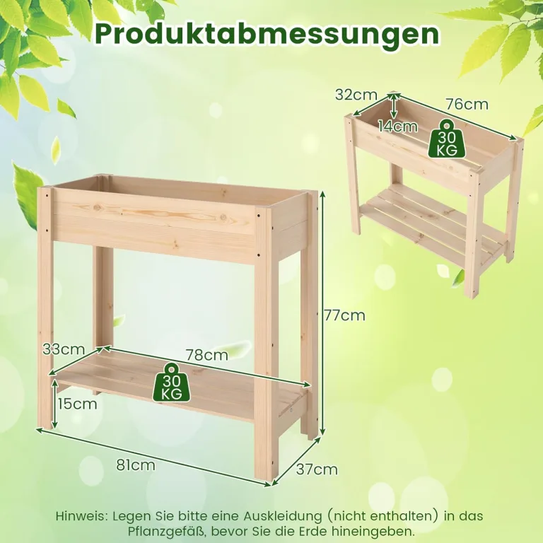 COSTWAY Hochbeet mit Ablage, Erhöhtes Gartenbeet aus Holz, Pflanzkasten mit Entwässerung, Gemüsebeet Kräuterbeet groß, für Balkon Garten Terrasse, 81 x 37 x 77 cm, Natur – Bild 7