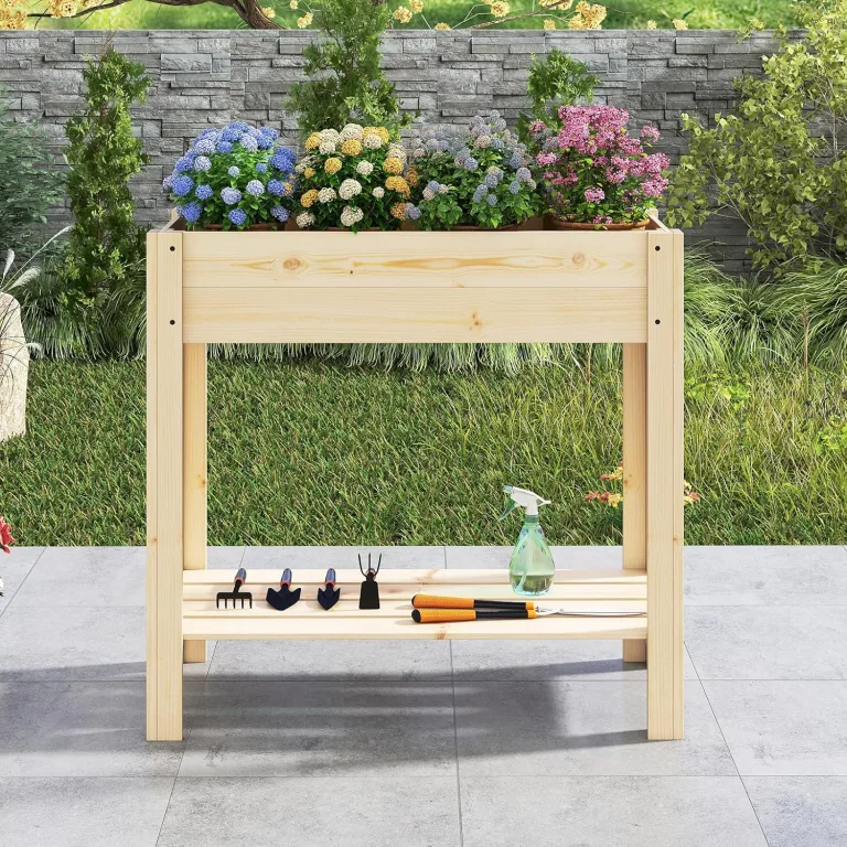 COSTWAY Hochbeet mit Ablage, Erhöhtes Gartenbeet aus Holz, Pflanzkasten mit Entwässerung, Gemüsebeet Kräuterbeet groß, für Balkon Garten Terrasse, 81 x 37 x 77 cm, Natur – Bild 9