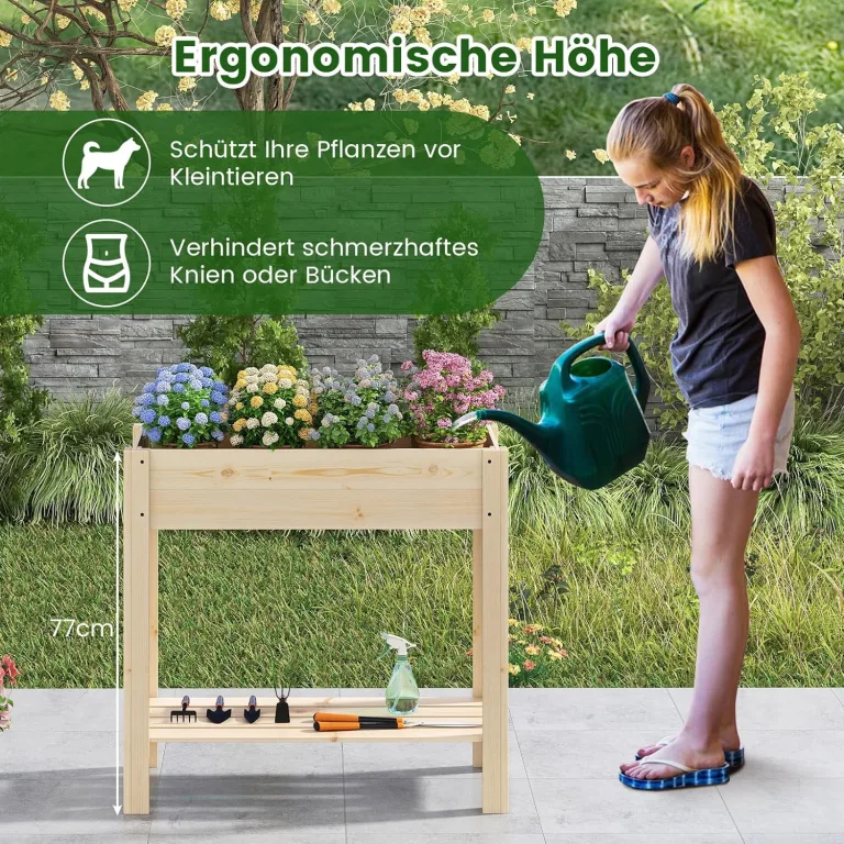 COSTWAY Hochbeet mit Ablage, Erhöhtes Gartenbeet aus Holz, Pflanzkasten mit Entwässerung, Gemüsebeet Kräuterbeet groß, für Balkon Garten Terrasse, 81 x 37 x 77 cm, Natur – Bild 3