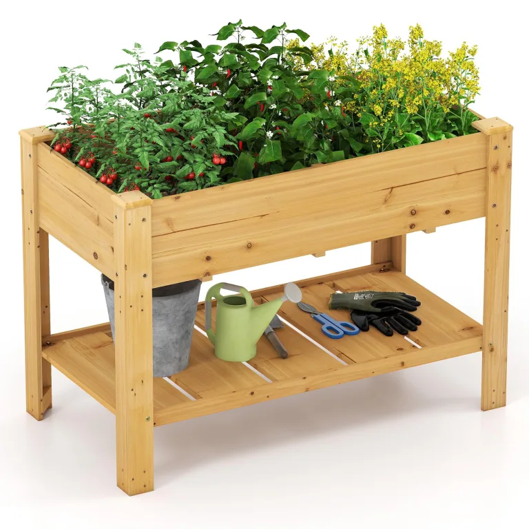 COSTWAY Hochbeet mit Ablage, Pflanzkübel Holz Pflanzkasten Blumenbeet Kräuterbeet Pflanztrog, Pflanzbeet groß Anzuchtbeet im Garten Balkon, 92 x 41 x 81 cm, Natur – Bild 10