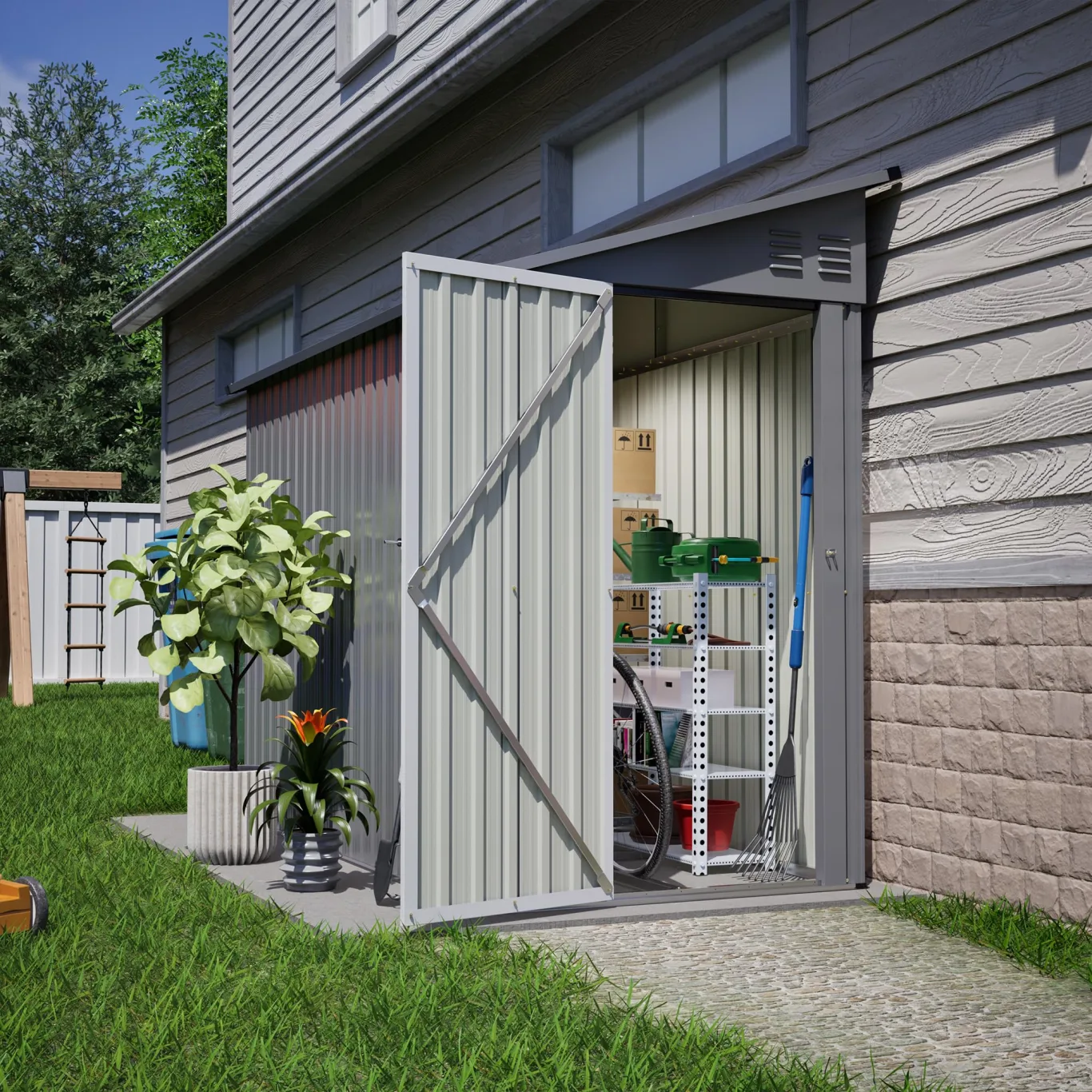 Thanaddo Metall Gerätehaus Gartenhaus 110x229x192cm, Geräteschuppen mit Pultdach, wetterfest Gartenschuppen Inkl. Metallfundament (ohne Boden) für Outdoor Garten Terrasse, Grau - Bild 1