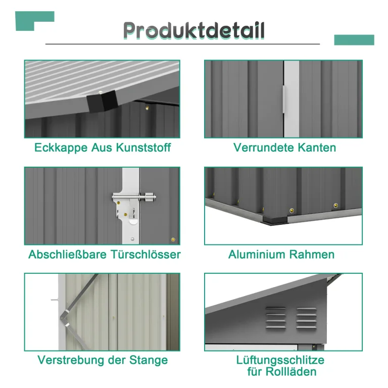 Thanaddo Metall Gerätehaus Gartenhaus 110x229x192cm, Geräteschuppen mit Pultdach, wetterfest Gartenschuppen Inkl. Metallfundament (ohne Boden) für Outdoor Garten Terrasse, Grau – Bild 7