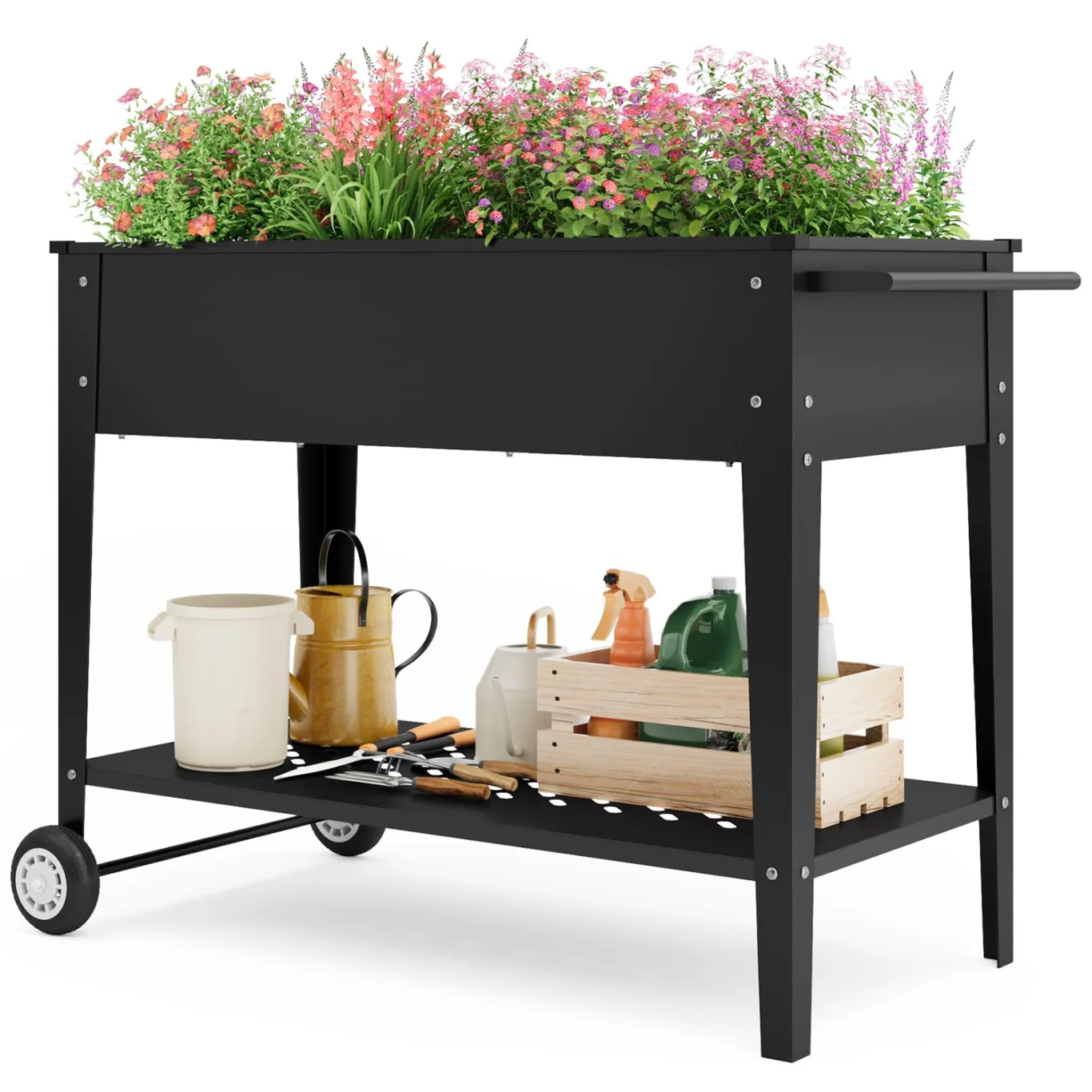 Xbro Hochbeet mit Rollen & Ablageboden aus Metall, Pflanzkasten Blumenkübel für Garten, Balkon & Terrasse, 104x41x80 cm, Schwarz - Bild 1