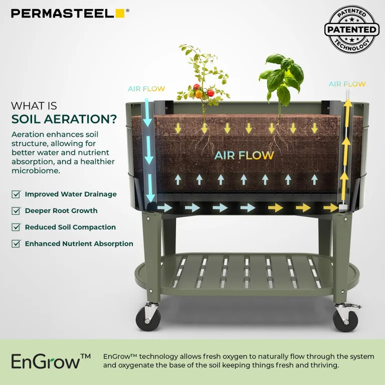 Permasteel Hochbeet mit Beinen, Pflanzkasten mit EnGrow™ TrueSoil™ Technologie für Gemüse, Blumen, Kräuter und Obst, Outdoor Indoor, Lagerregal, Lenkrollen, Grün – Bild 9