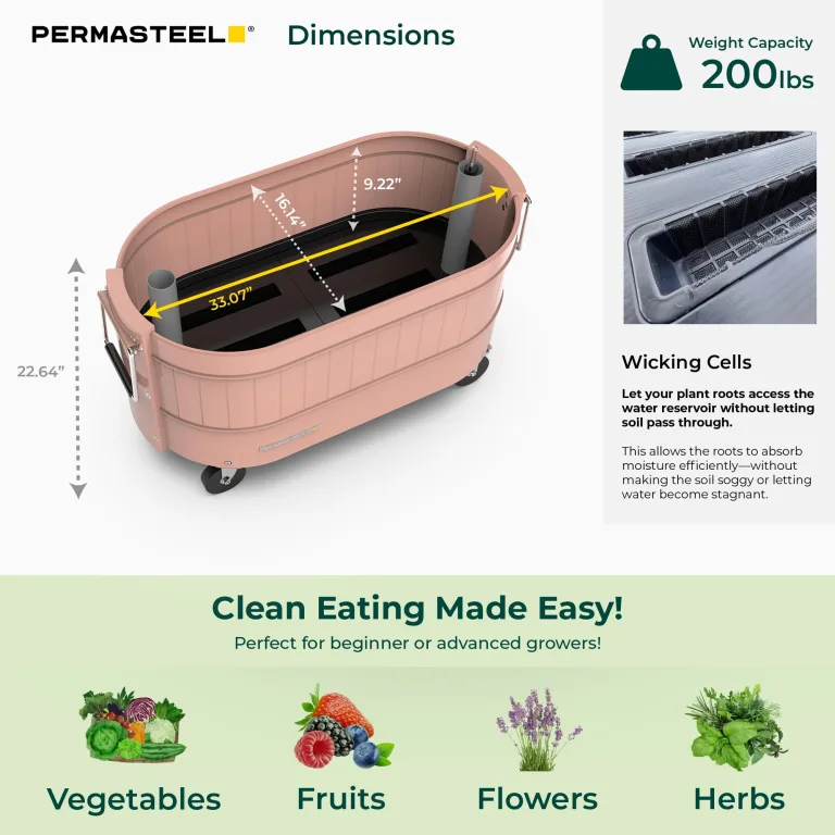Permasteel selbstbewässerndes Gartenbeet, rollender Pflanztopf für Gemüse, Blumen, Kräuter und Obst, für drinnen und draußen, mit Rädern, Rosa – Bild 6