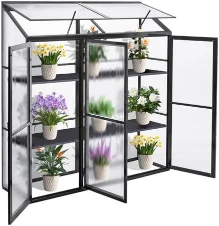 Anlehngewächshaus aus Aluminium, kompaktes Tomaten-Gartenhaus, Anlehngewächshaus aus Aluminium, kompaktes Tomaten-Gartenhaus, 3 Türen, 190 x 55 x 180 cm, Schwarz, perfekt für kleine Räume un – Bild 1