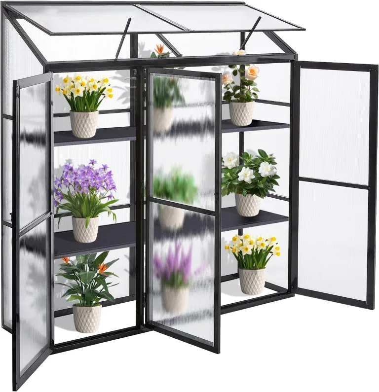 Anlehngewächshaus aus Aluminium, kompaktes Tomaten-Gartenhaus, Anlehngewächshaus aus Aluminium, kompaktes Tomaten-Gewächshaus, 3 Türen, 190 x 55 x 180 cm, Schwarz, ideal für kleine Flächen u – Bild 2