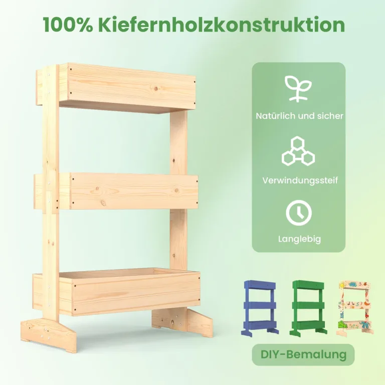 COSTWAY vertikales Hochbeet mit 3 Etagen, Blumenbeet mit 3 Pflanzkästen, Blumentreppe Gartenbeet Tannenholz, Blumenkasten für Terrasse Balkon Garten, Natur, 69 x 39 x 109 cm – Bild 3
