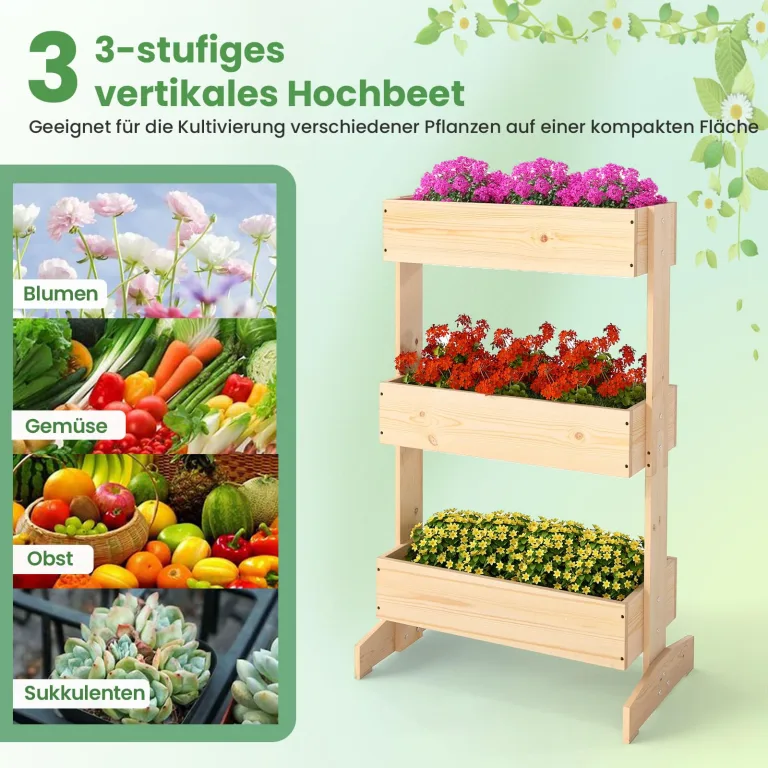 COSTWAY vertikales Hochbeet mit 3 Etagen, Blumenbeet mit 3 Pflanzkästen, Blumentreppe Gartenbeet Tannenholz, Blumenkasten für Terrasse Balkon Garten, Natur, 69 x 39 x 109 cm – Bild 4