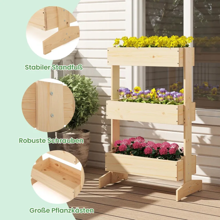 COSTWAY vertikales Hochbeet mit 3 Etagen, Blumenbeet mit 3 Pflanzkästen, Blumentreppe Gartenbeet Tannenholz, Blumenkasten für Terrasse Balkon Garten, Natur, 69 x 39 x 109 cm – Bild 5