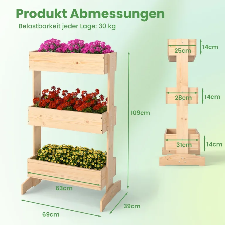 COSTWAY vertikales Hochbeet mit 3 Etagen, Blumenbeet mit 3 Pflanzkästen, Blumentreppe Gartenbeet Tannenholz, Blumenkasten für Terrasse Balkon Garten, Natur, 69 x 39 x 109 cm – Bild 6