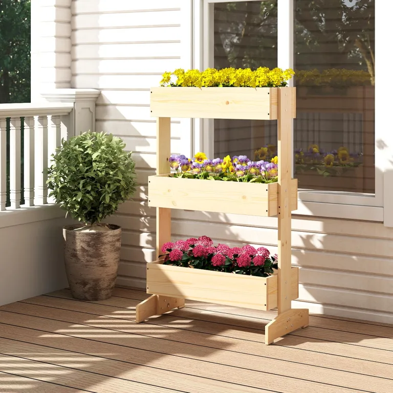 COSTWAY vertikales Hochbeet mit 3 Etagen, Blumenbeet mit 3 Pflanzkästen, Blumentreppe Gartenbeet Tannenholz, Blumenkasten für Terrasse Balkon Garten, Natur, 69 x 39 x 109 cm – Bild 7