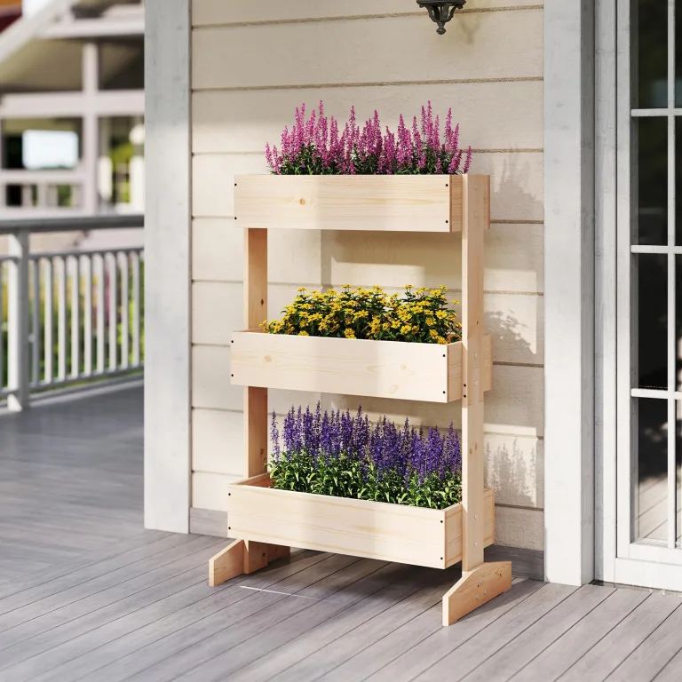 COSTWAY vertikales Hochbeet mit 3 Etagen, Blumenbeet mit 3 Pflanzkästen, Blumentreppe Gartenbeet Tannenholz, Blumenkasten für Terrasse Balkon Garten, Natur, 69 x 39 x 109 cm – Bild 9