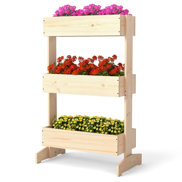 COSTWAY vertikales Hochbeet mit 3 Etagen, Blumenbeet mit 3 Pflanzkästen, Blumentreppe Gartenbeet Tannenholz, Blumenkasten für Terrasse Balkon Garten, Natur, 69 x 39 x 109 cm – Bild 1