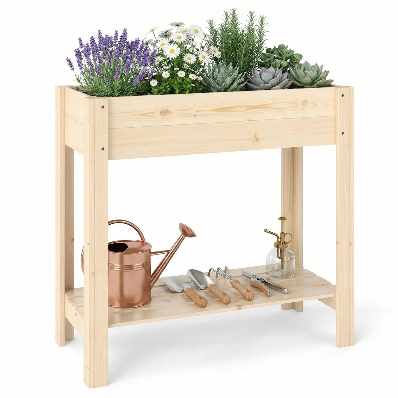 GOPLUS Hochbeet ohne Rollen, Gartenbeet mit Ablage & Abflusslöcher, Pflanzbeet aus Tannenholz für Garten & Terrasse, Natur (80 x 37 x 78 cm,ohne Rollen) - Bild 1
