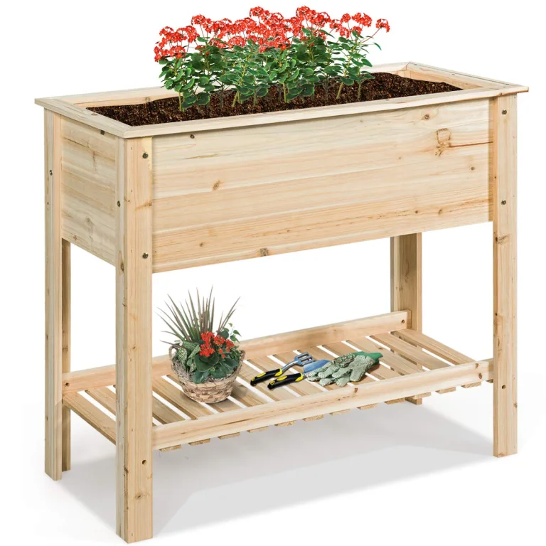 GOPLUS Hochbeet ohne Rollen, Gartenbeet mit Ablage & Abflusslöcher, Pflanzbeet aus Tannenholz für Garten & Terrasse, Natur (80 x 37 x 78 cm,ohne Rollen) – Bild 10