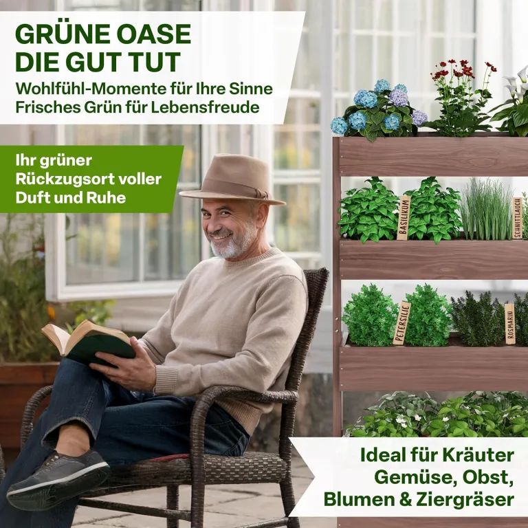 TTL GARDEN Vertikal Hochbeet 4 Etagen aus Holz 140x85x45cm braun - Vertikalbeet & Kräuterhochbeet mit 4 Etagen & Folie - Tannenholz wetterfest - Blumenkasten Kräutertreppe für Balkon Garten Terrasse – Bild 7