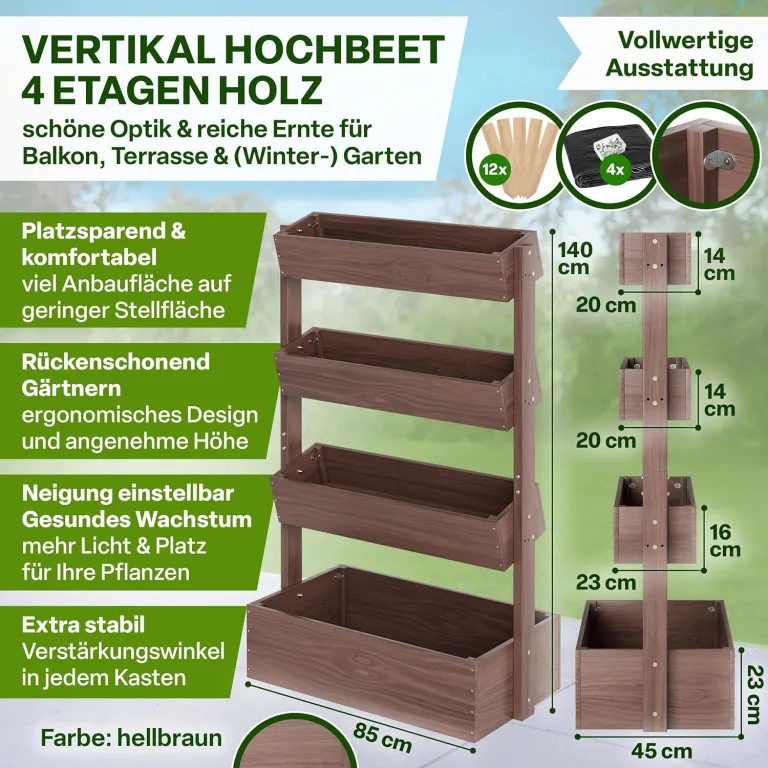 TTL GARDEN Vertikal Hochbeet 4 Etagen aus Holz 140x85x45cm braun - Vertikalbeet & Kräuterhochbeet mit 4 Etagen & Folie - Tannenholz wetterfest - Blumenkasten Kräutertreppe für Balkon Garten Terrasse – Bild 3