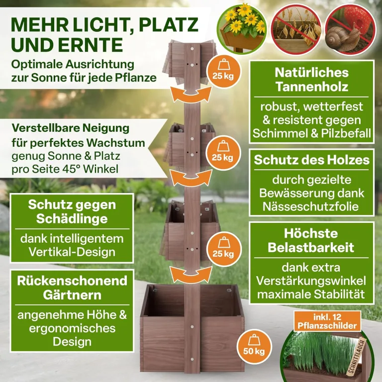 TTL GARDEN Vertikal Hochbeet 4 Etagen aus Holz 140x85x45cm braun - Vertikalbeet & Kräuterhochbeet mit 4 Etagen & Folie - Tannenholz wetterfest - Blumenkasten Kräutertreppe für Balkon Garten Terrasse – Bild 4