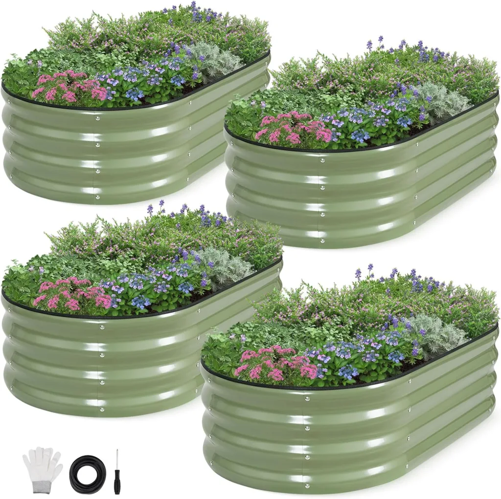 INNO STAGE Verzinktes Hochbeet, Metall, Pflanzkästen für den Außenbereich, für den Anbau von Gemüse, Kräutern, Blumen, Stahlpflanzen, Hochbeet, 122 cm, Olivgrün, 4 Stück