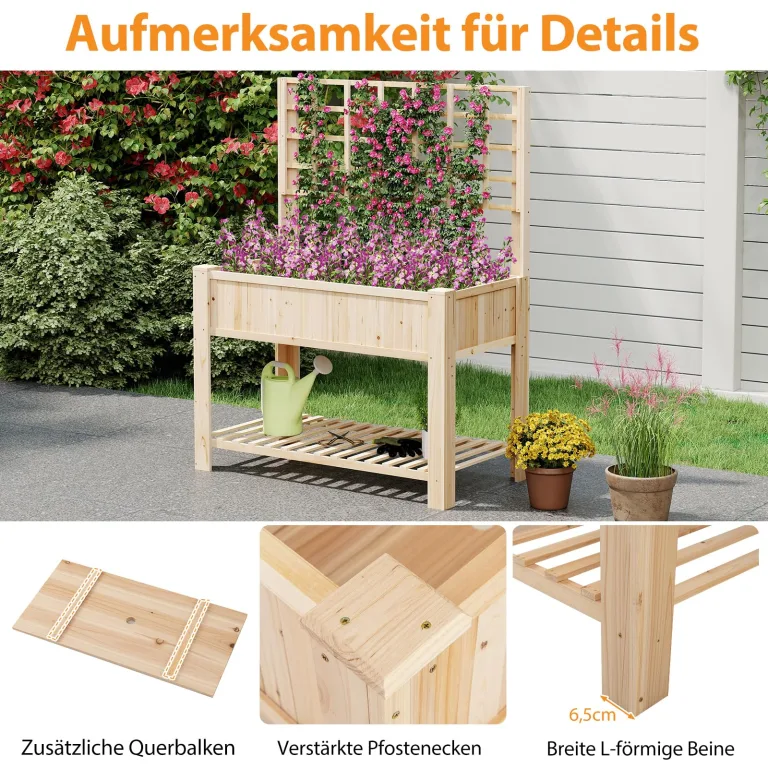 COSTWAY Hochbeet mit Spalier und Ablage, Blumenbeet mit Ablauflöchern, Gartenbeet Pflanzkasten Holz, Blumenkasten mit Rankgitter für Kletterpflanzen, Garten Balkon Terrasse, 116 x 59 x 150 cm (Natur) – Bild 8