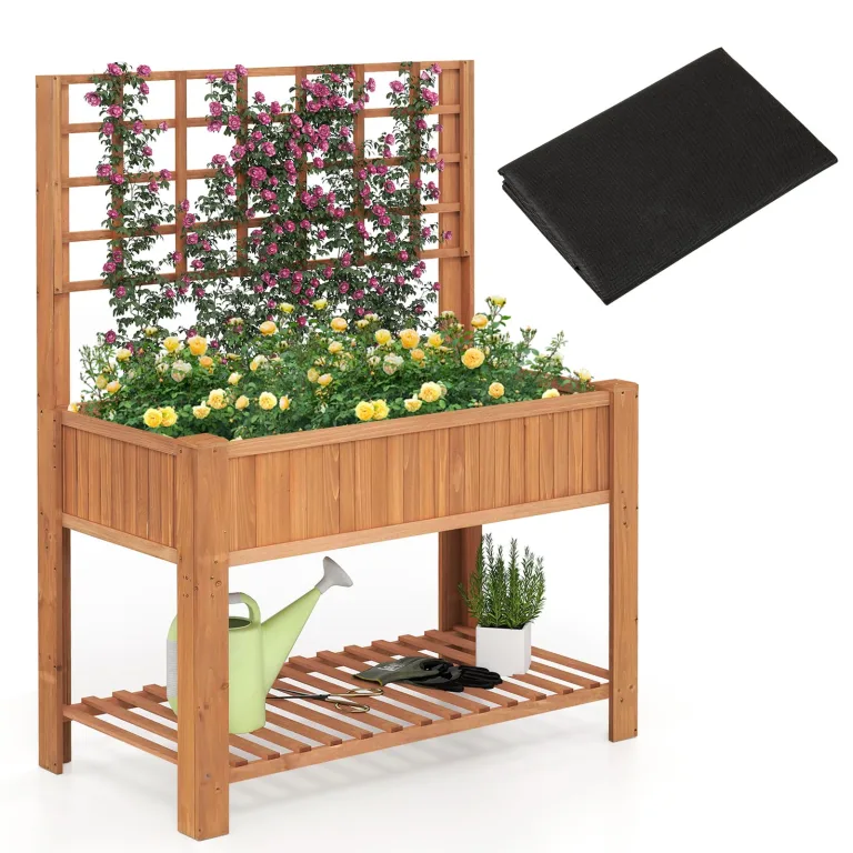 COSTWAY Hochbeet mit Spalier und Ablage, Blumenbeet mit Ablauflöchern, Gartenbeet Pflanzkasten Holz, Blumenkasten mit Rankgitter für Kletterpflanzen, Garten Balkon Terrasse, 116 x 59 x 150 cm (Natur) – Bild 10