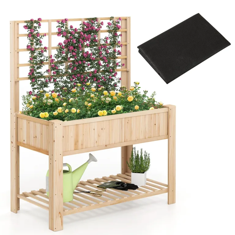 COSTWAY Hochbeet mit Spalier und Ablage, Blumenbeet mit Ablauflöchern, Gartenbeet Pflanzkasten Holz, Blumenkasten mit Rankgitter für Kletterpflanzen, Garten Balkon Terrasse, 116 x 59 x 150 cm (Natur) – Bild 1