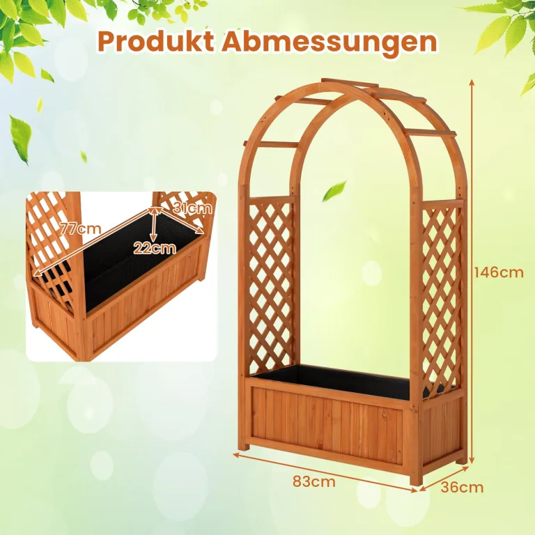 COSTWAY Blumenkasten mit Rankgitter, Hochbeet mit Spalier & Gebogendach, Rosenbogen mit Pflanzkasten & Abflusslöchern, Pflanzkübel für Balkon Hof Garten, Holz, 83 x 36 x 146 cm, Braun – Bild 3