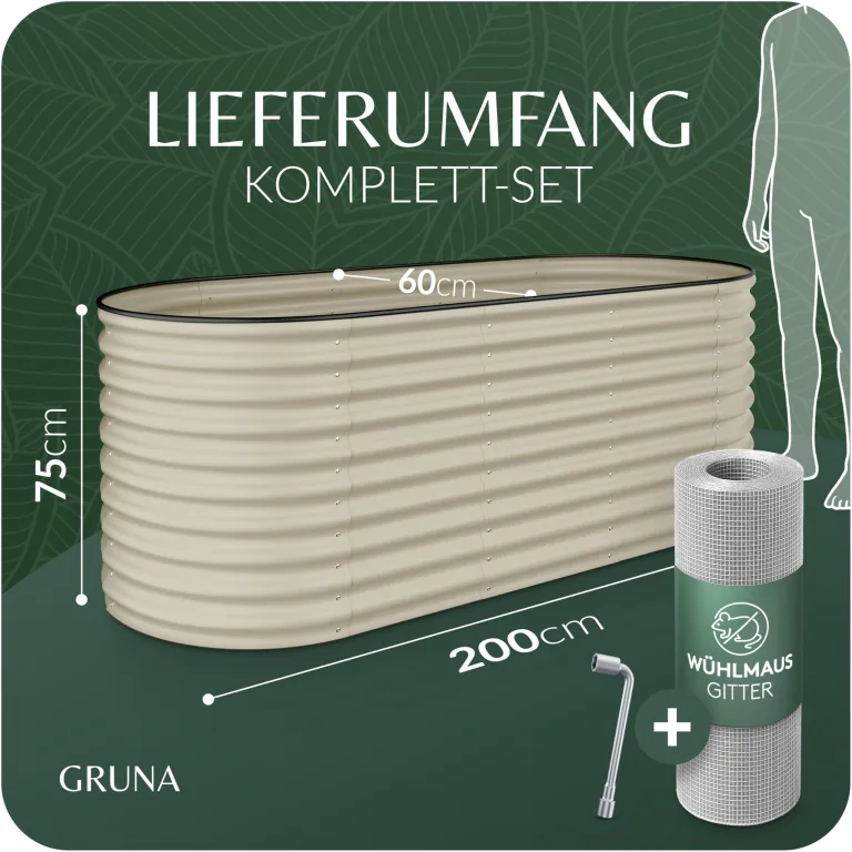 GRUNA - Hochbeet Metall 200x60x75 cm I 6 in 1 Modular Hochbeete-Kit I 100% Rostfrei I Formstabil Dank Verstrebung I Hochbeete für Garten I Hochbeet Creme Weiß (200x60x75) – Bild 2