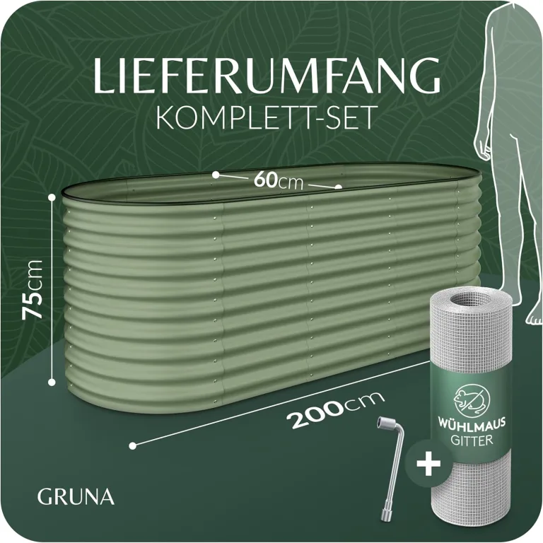 GRUNA - Hochbeet Metall 200x60x75 cm I 6 in 1 Modular Hochbeete-Kit I 100% Rostfrei I Formstabil Dank Verstrebung I Hochbeete für Garten I Hochbeet Grün (200x60x75) – Bild 2