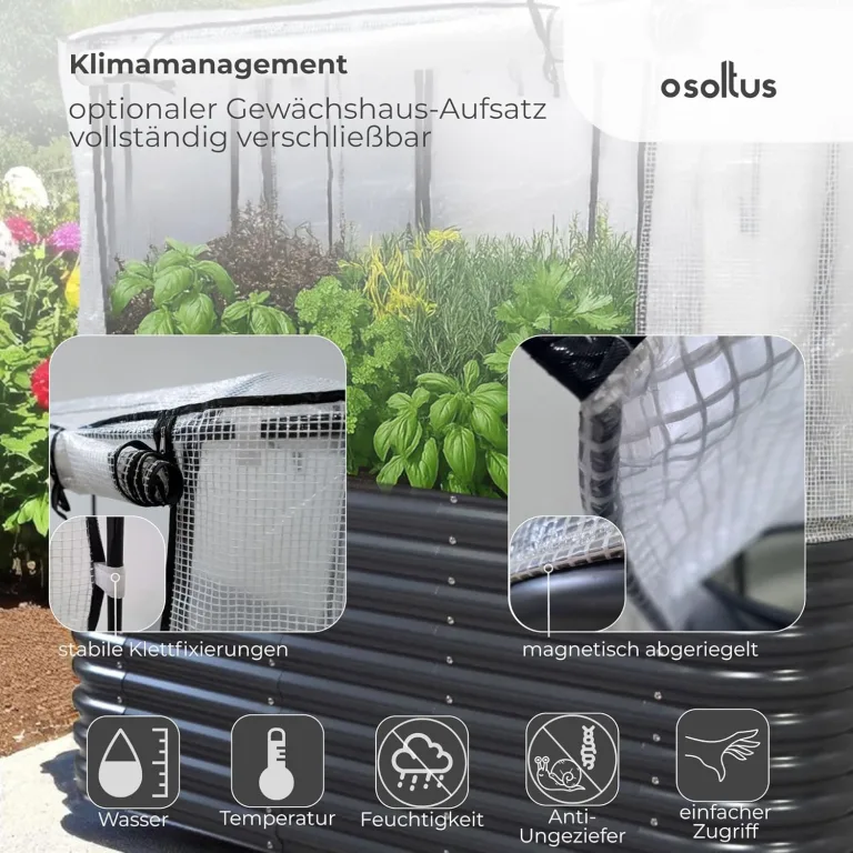 Hochbeet Garten Balkon mit integriertem Gewächshaus 195 x 60 x 170cm (LBH) | stahlverzinktes & pulverbeschichtetes 0,6mm Metall anthrazit - Edelstahlschrauben | witterungsbeständig - Schädlingsschutz – Bild 6