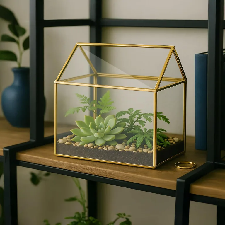 Relaxdays Pflanzenterrarium, Glas & Kupfer, HBT: 15x15x10 cm, Deko Glashaus Kakteen & Moos, Glaskasten Fensterbank, gold – Bild 2