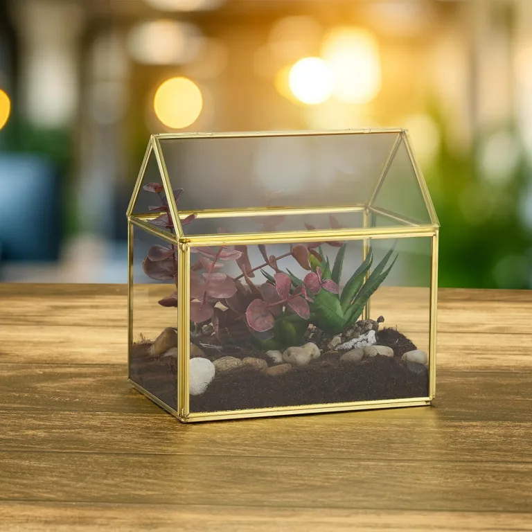 Relaxdays Pflanzenterrarium, Glas & Kupfer, HBT: 15x15x10 cm, Deko Glashaus Kakteen & Moos, Glaskasten Fensterbank, gold – Bild 3