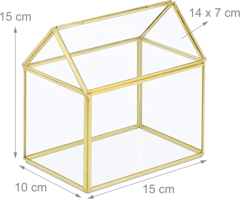 Relaxdays Pflanzenterrarium, Glas & Kupfer, HBT: 15x15x10 cm, Deko Glashaus Kakteen & Moos, Glaskasten Fensterbank, gold – Bild 4
