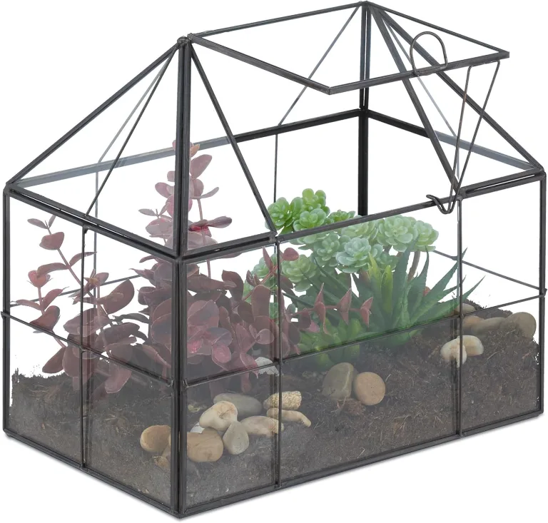 Relaxdays Pflanzenterrarium, Glas & Kupfer, HBT: 21x23x14 cm, Deko Glashaus Kakteen & Moos, Glaskasten Fensterbank, gold – Bild 7