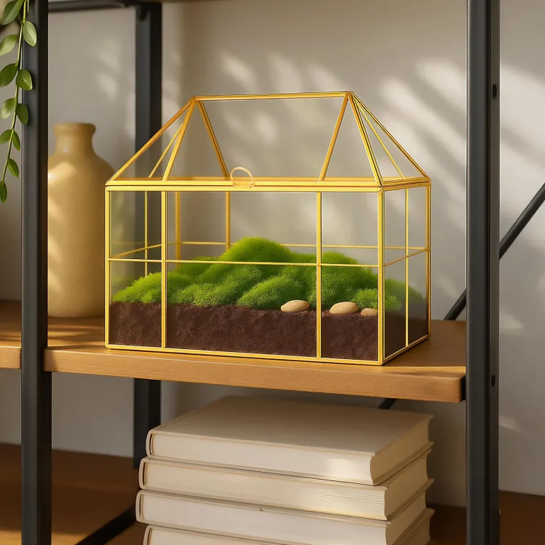 Relaxdays Pflanzenterrarium, Glas & Kupfer, HBT: 21x23x14 cm, Deko Glashaus Kakteen & Moos, Glaskasten Fensterbank, gold – Bild 2