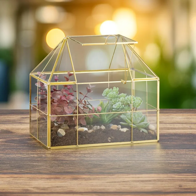 Relaxdays Pflanzenterrarium, Glas & Kupfer, HBT: 21x23x14 cm, Deko Glashaus Kakteen & Moos, Glaskasten Fensterbank, gold – Bild 3