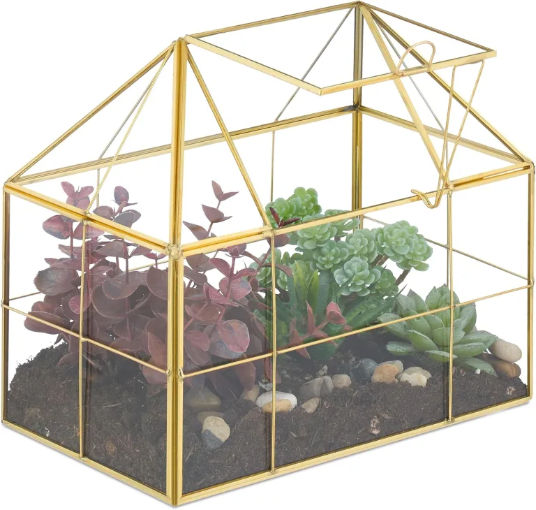 Relaxdays Pflanzenterrarium, Glas & Kupfer, HBT: 21x23x14 cm, Deko Glashaus Kakteen & Moos, Glaskasten Fensterbank, gold – Bild 1