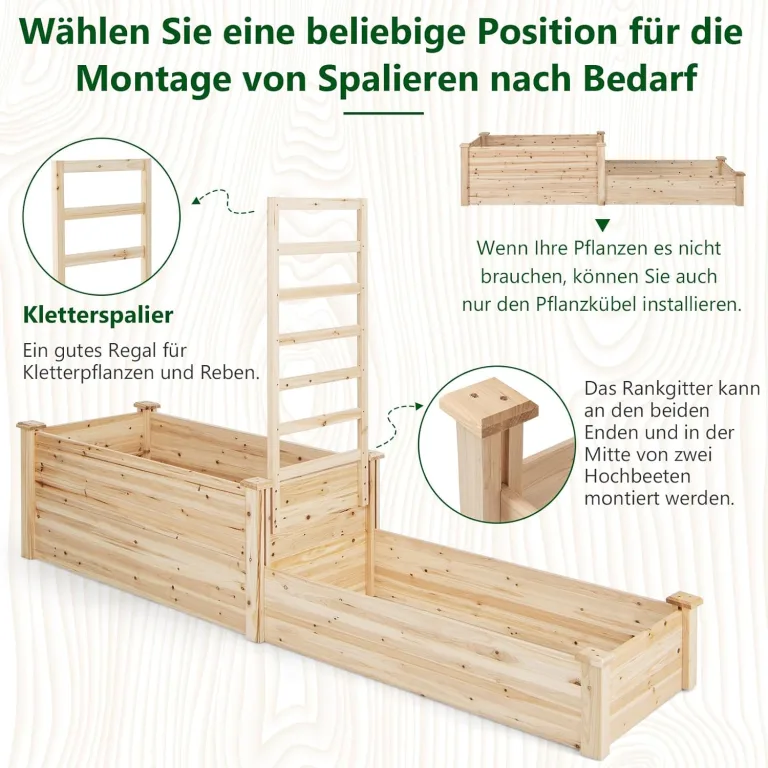 COSTWAY Hochbeet mit Rankgitter, Blumenkasten mit Spalier, Pflanzkasten aus Tannenholz, Gartenspalier mit Rankkasten, Blumenkübel für Kletterpflanze Balkon Garten Terrasse, Natur, 223x64x134 cm – Bild 2